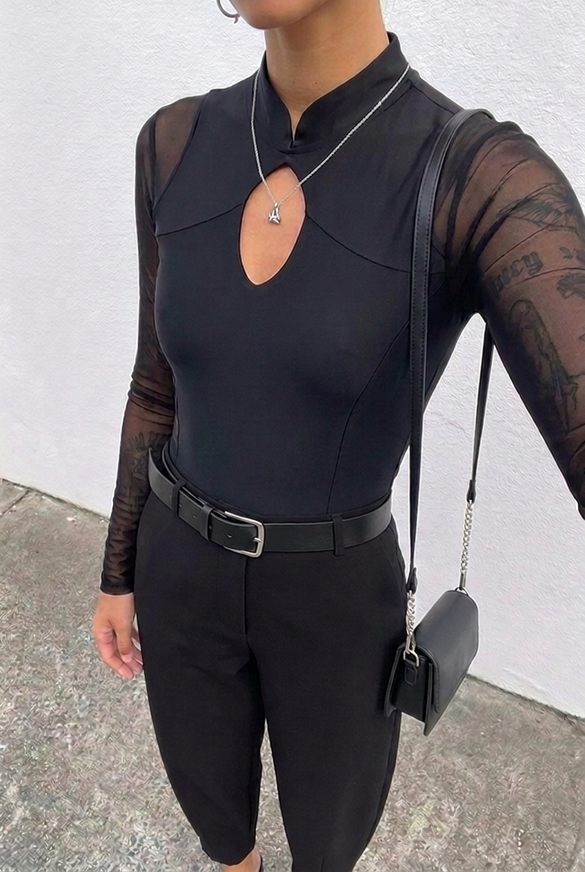 Black Mesh-Panel Keyhole Top