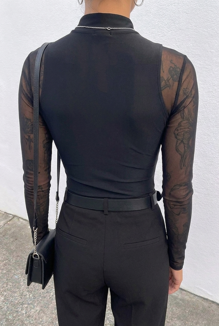 Black Mesh-Panel Keyhole Top
