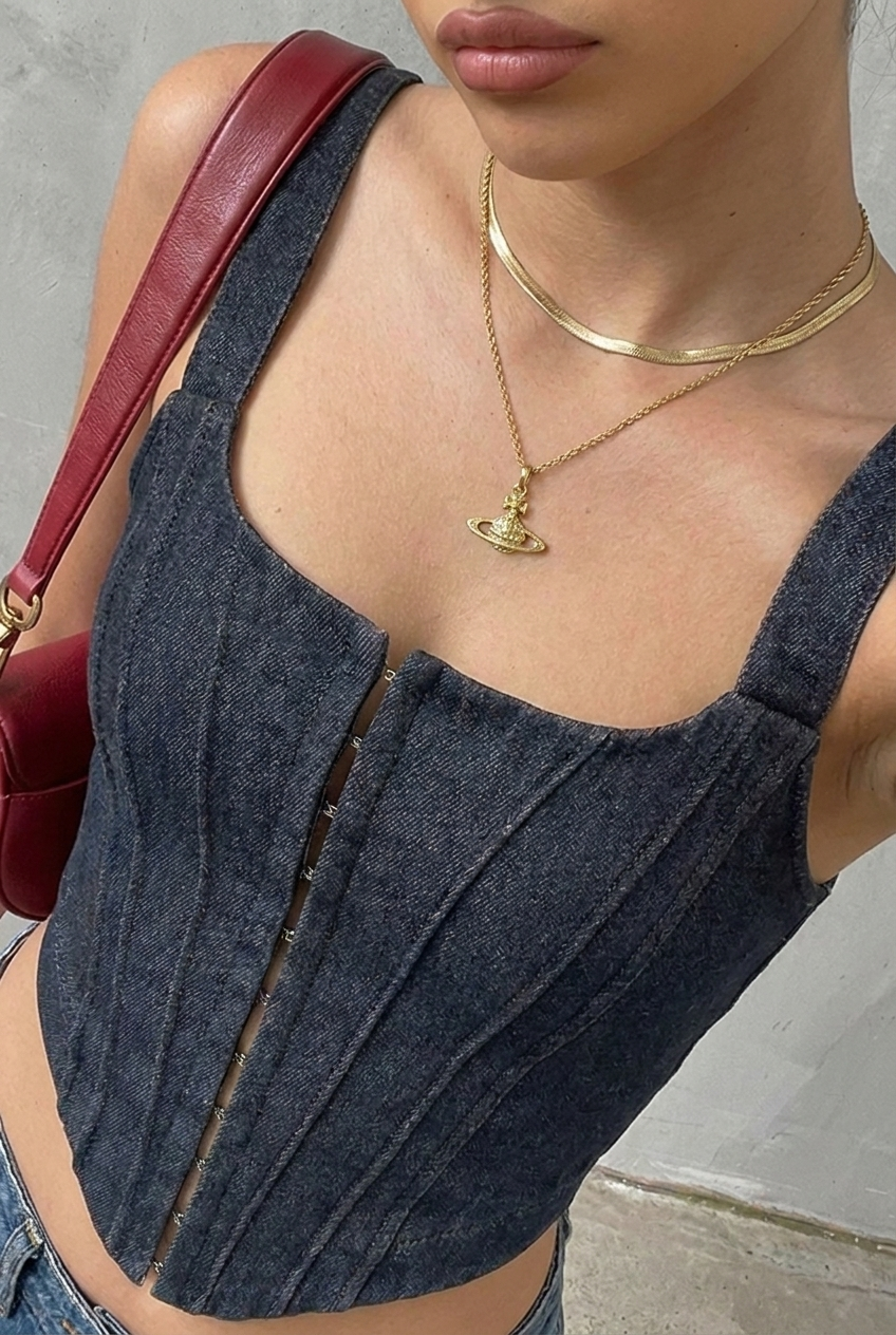 Navy Felony denim corset neckline close-up — square neckline, wide straps, hook-and-eye front closure