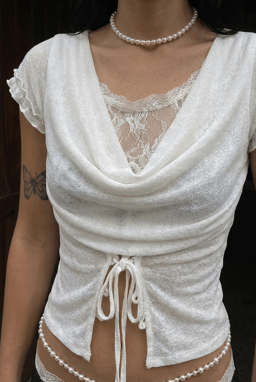 White Cowl Lace Top - BEEGLEE