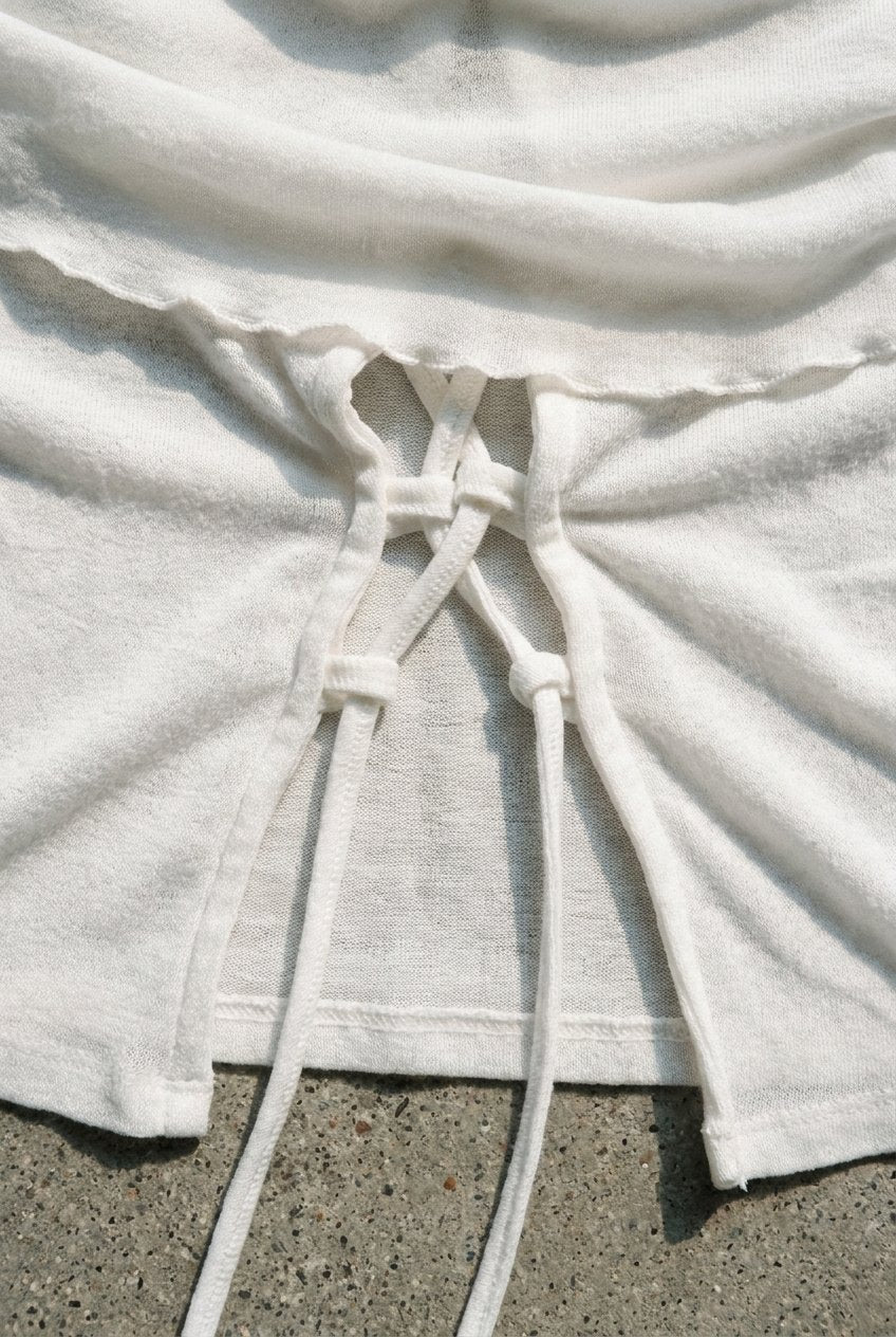White Cowl Lace Top - crossover tie-front hem detail