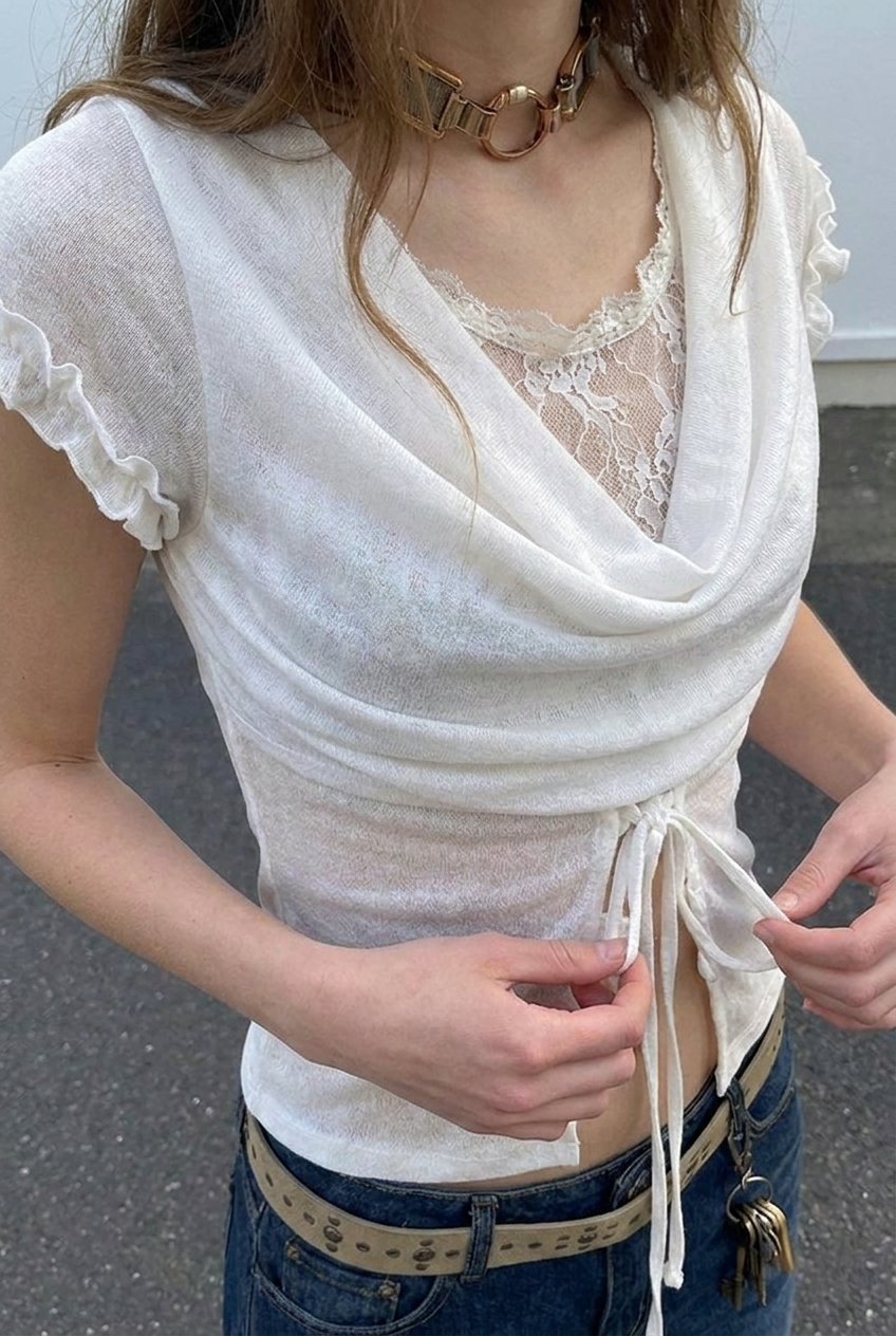 White Cowl Lace Top - front close-up of lace neckline
