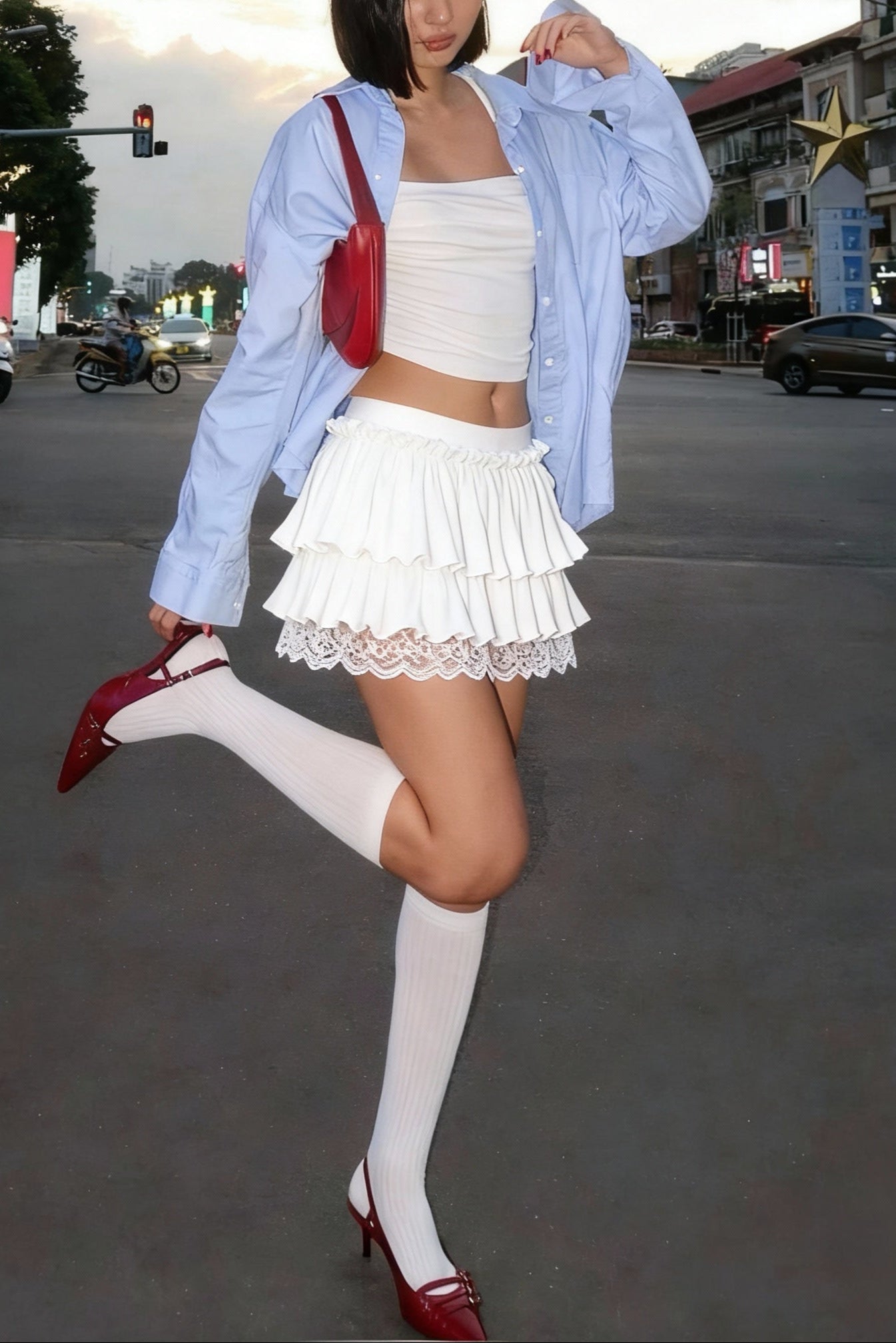 White Double ruffle skirt with lace hem