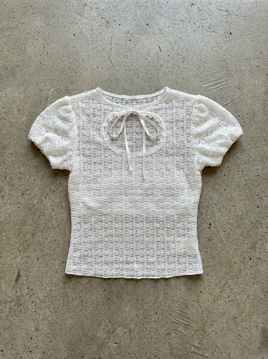 White Ribbon Keyhole Lace Top — flatlay
