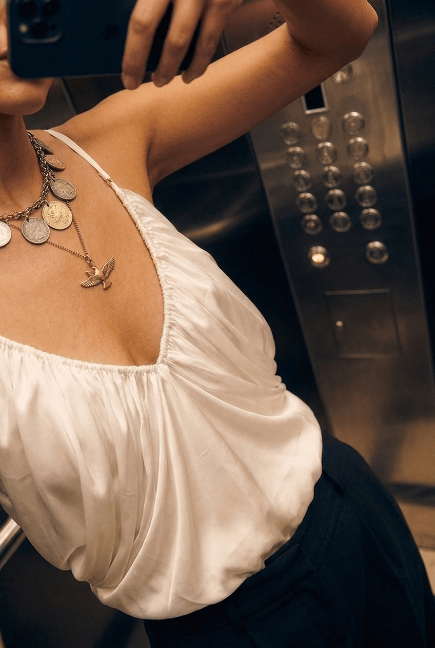 White Ruched Satin Cami Top - BEEGLEE