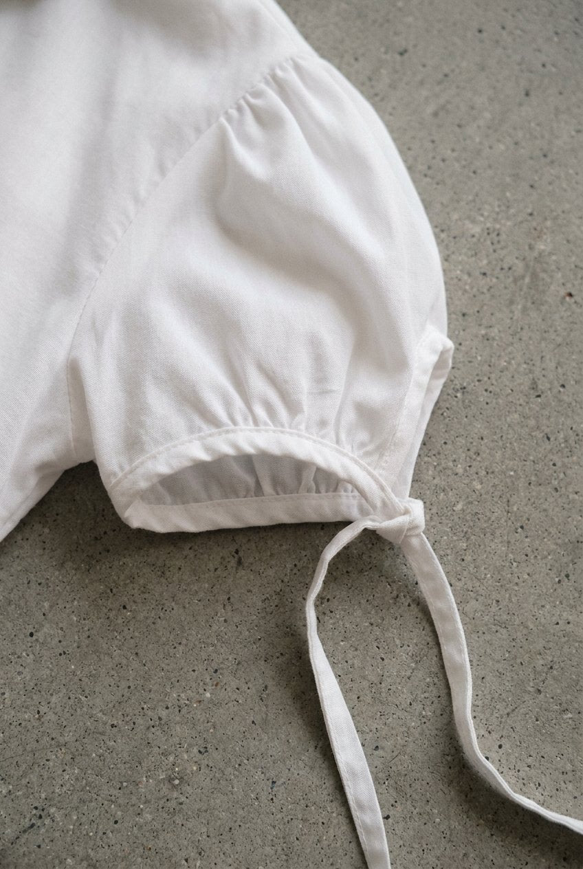 White Shirred Lace Blouse - puff sleeve tie detail