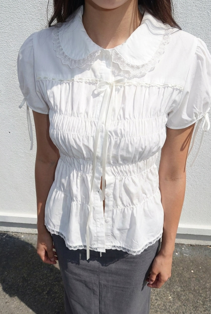 White Shirred Lace Blouse - front, full length