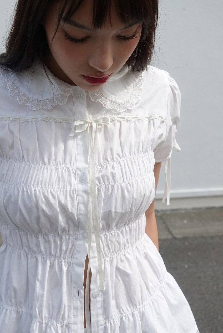 White Shirred Lace Blouse - portrait detail of doll collar