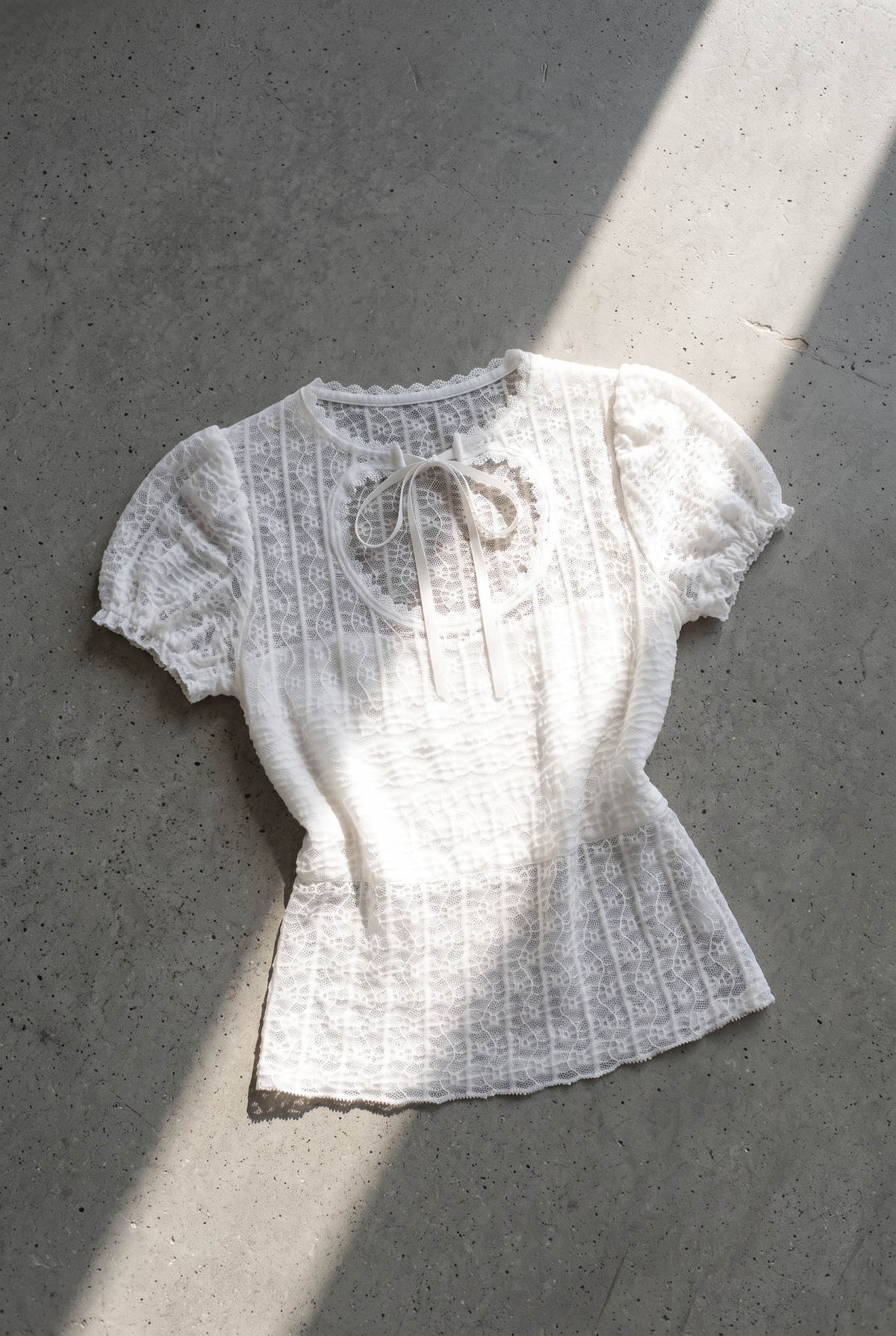 White Ribbon Keyhole Lace Top – flat lay