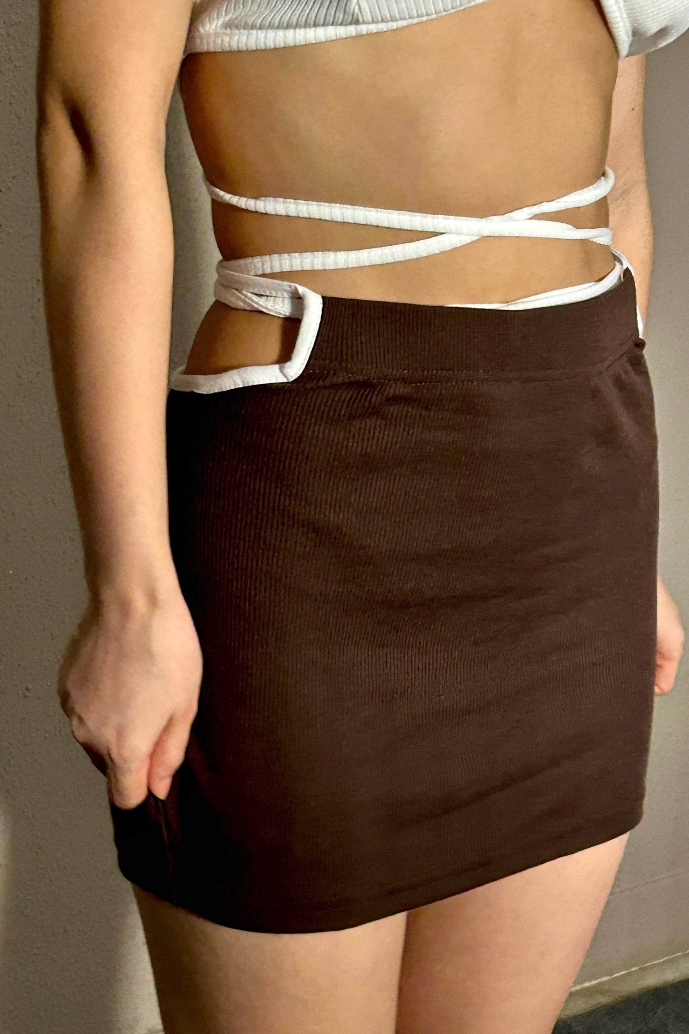 Brown Ribbed Knit Skirt - BEEGLEE