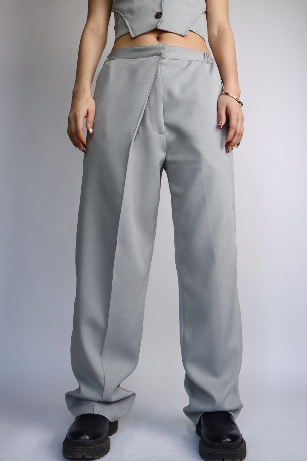 Cool Grey Off-Balance Wide Legged Pants - BEEGLEE